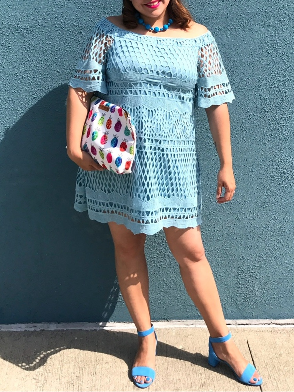 Off-Shoulder Light Blue Crochet Mini Dress
